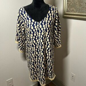Umgee Sz‎ M Boho blue cream embroidered V neck bell sleeve pull over shift dress